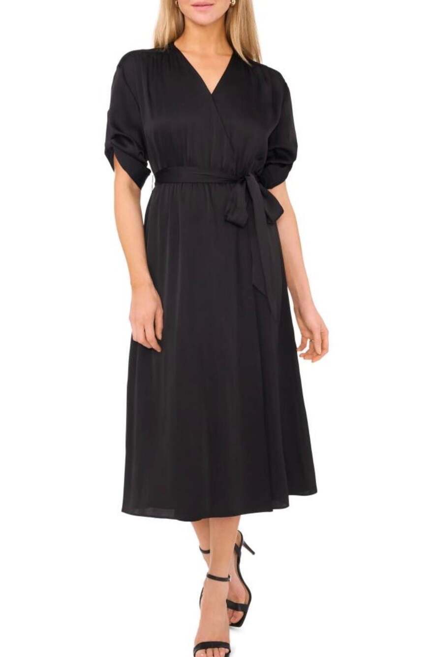 Halogen Black Satin Wrap Midi Dress Size L